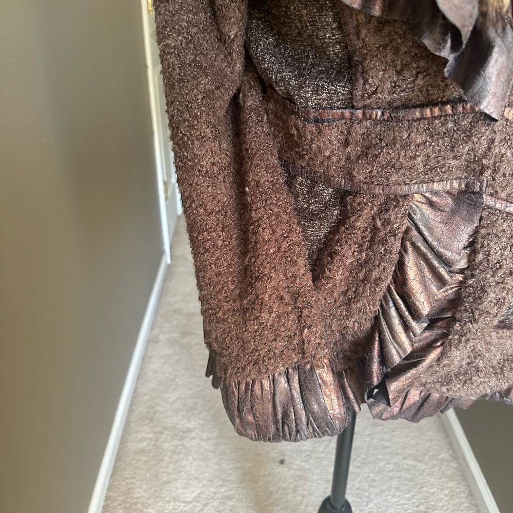 Fun and funky brown jacket with faux fur and ruffles. - Picture 2 of 5